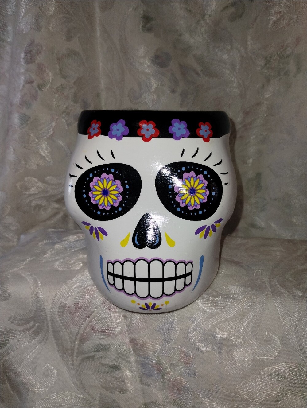 Day of the Dead Floral Skull Ceramic Vase - White & Black with Purple Accents